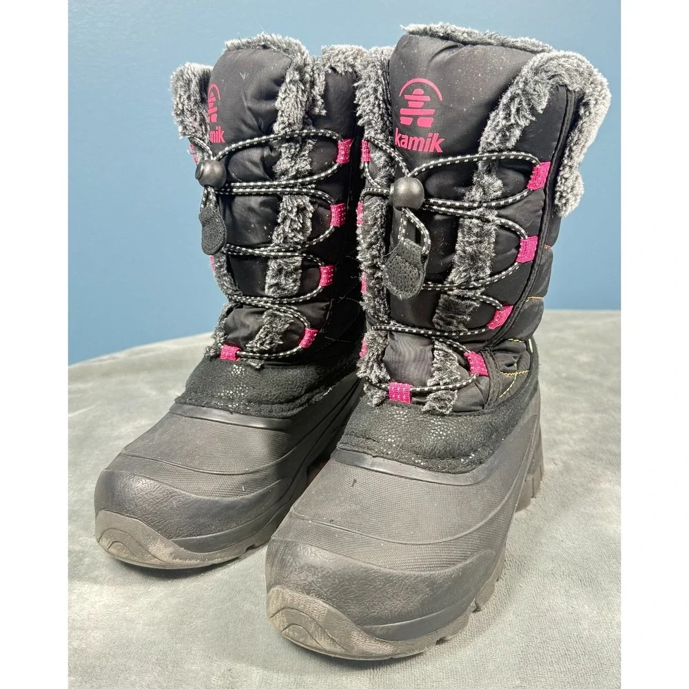 Kamik Star3 Snow Boots Girls 3 Black Pink Faux Fur Waterproof Winter